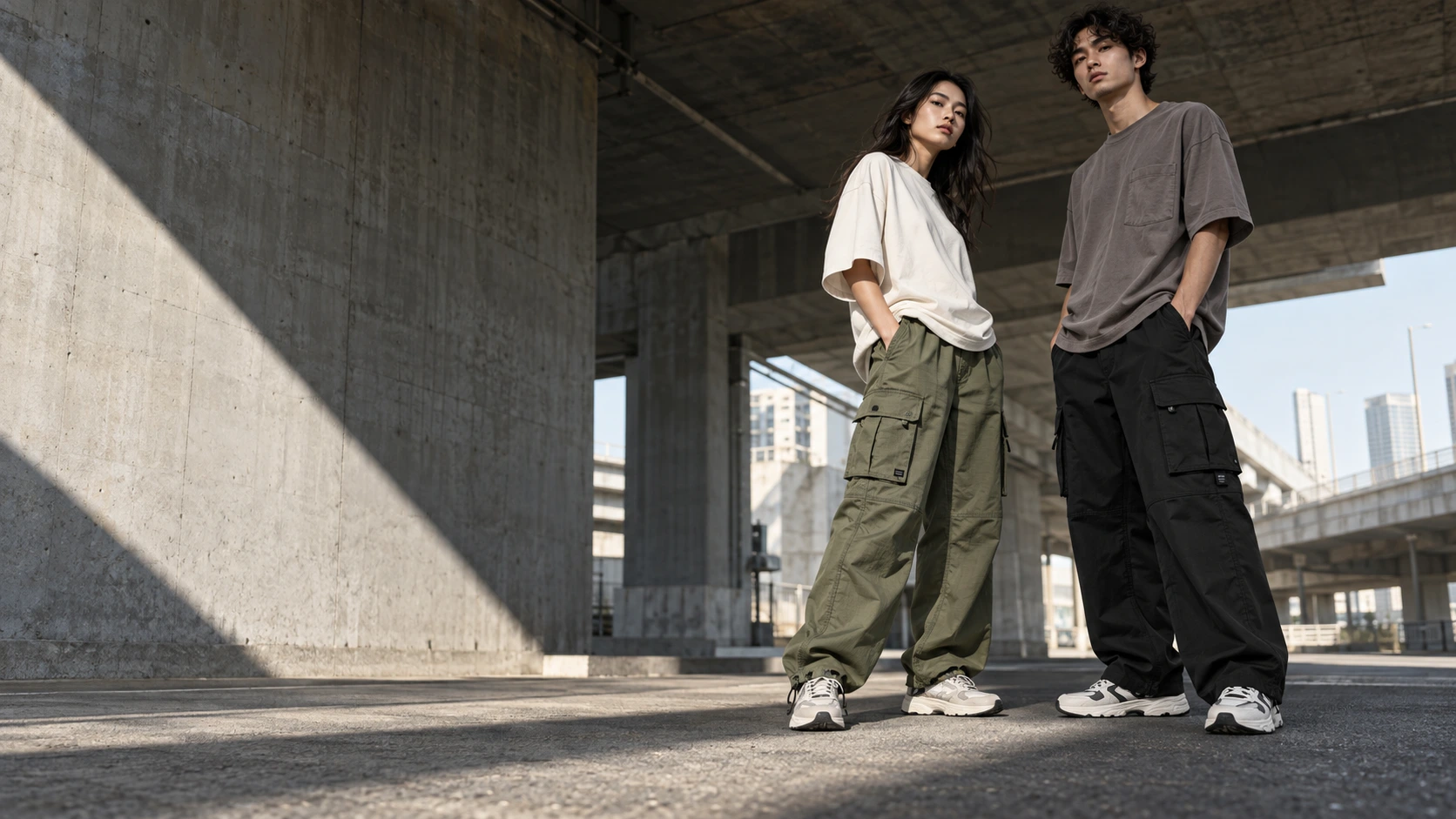 Streetwear styling with loose black and olive cargo pants in a concrete city setting